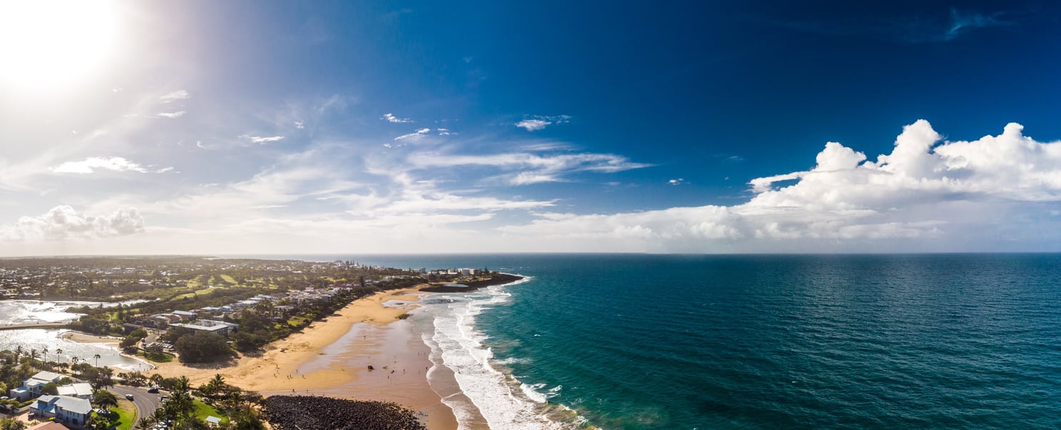 Aerial drone view of Bargara beach and surroundings, Queensland, Australia