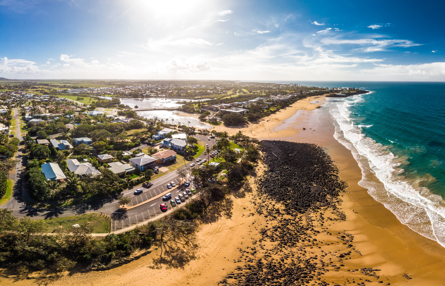 Aerial drone view of Bargara beach and surroundings, Queensland, Australia